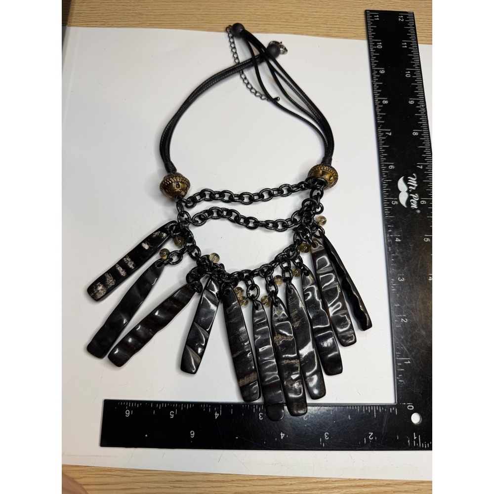 Black Multi Strand Statement Necklace Chunky Chain Resin Horn Dangle Bib